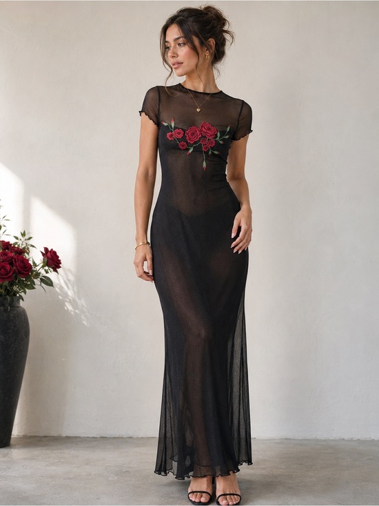 Dresses & Skirts - Y2K Romantic Goth Black Mesh Maxi Dress Red Rose Embroidered Whimsigoth
